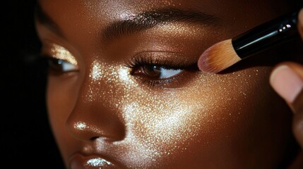 Close-up of shimmering highlighter being applied to a model's cheekbone, emphasizing the glowing and radiant effect