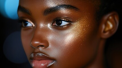 Wall Mural - Close-up of shimmering highlighter being applied to a model's cheekbone, emphasizing the glowing and radiant effect