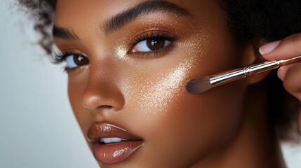 Wall Mural - Close-up of shimmering highlighter being applied to a model's cheekbone, emphasizing the glowing and radiant effect