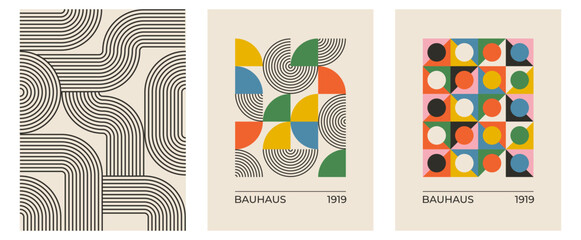 Set of trendy modern abstract geometric vector posters with circle, square line shape. Minimalistic print for wall art decoration, postcard or brochure cover design in retro style art