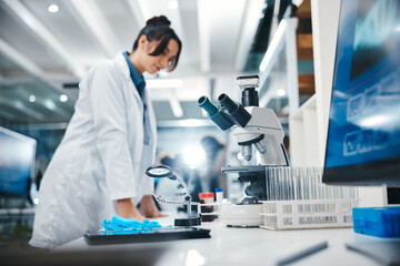 Poster - Lab, scientist and woman with microscope for research, experiment or DNA analysis. Study, pharmaceutical and medical person for investigation, molecule structure or develop cure with solution