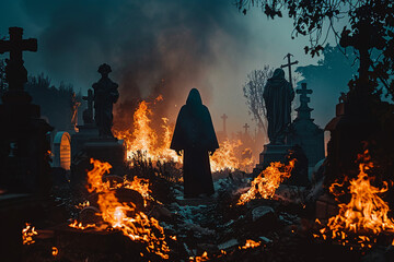 Wall Mural - picture of a scary person ghost burning at hell afterlife generative ai technology