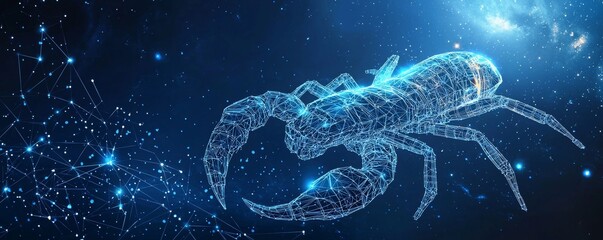 Canvas Print - Wireframe scorpion illustration in a futuristic space background with glowing stars