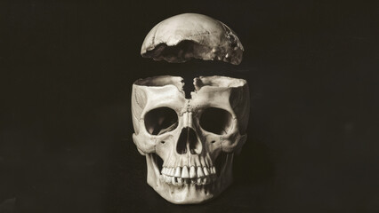 Canvas Print - A skull with a broken jaw and missing teeth, AI