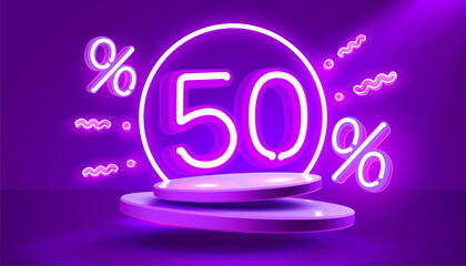 Wall Mural - Mega sale special offer, Neon 50 off sale banner. Sign board promotion. Vector illustration