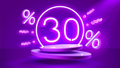 Wall Mural - Mega sale special offer, Neon 30 off sale banner. Sign board promotion. Vector illustration