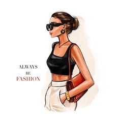 Wall Mural - Beautiful fashion woman in sunglasses. Hand drawn stylish girl. Fashion look illustration 