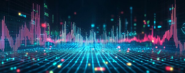 Poster - Futuristic wireframe graph with fluctuating data points and neon lights