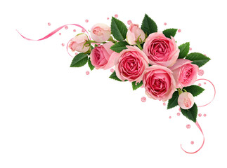 Wall Mural - pink rose flowers, confetti and satin ribbons in a festive corner floral arrangement isolated on whi