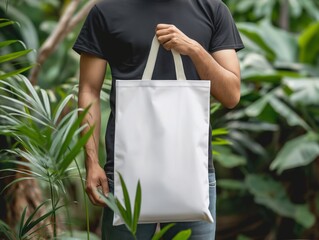 Man holding a blank white tote bag mockup against a street style backdrop