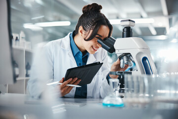 Poster - scientist, woman and microscope with tablet in lab for experiment research, medical data and science