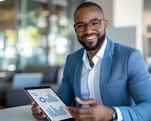 Smiling mortgage broker presenting housing market trends on a digital tablet in a sleek office, real estate insights