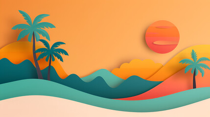 Wall Mural - Paper Cut Summer Sunset with Palm Trees and Ocean Waves