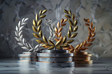 Wall Mural - Golden, silver, and bronze laurel wreaths with flowing ribbons adorn a round pedestal, symbolizing victory and achievement in sports and competitions on a gray background.