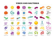 © vesvocrea - Different types of virus and bacteria set collection poster for healthcare  education, Pathogenic bacteria, viruses and microbes,  Disease-causing, Color germs, bacterium type, microorganism infection