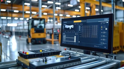 Poster - Modern industrial warehouse showcasing advanced logistic software on a monitor, optimizing operations with automation and data analytics.