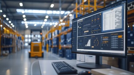 Poster - warehouse environment featuring logistic software on a monitor with data visualization tools for eff