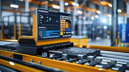 Poster - Automated production line with logistic software. Automated production line featuring logistic software on a screen, enhancing efficiency and precision in industrial operations.