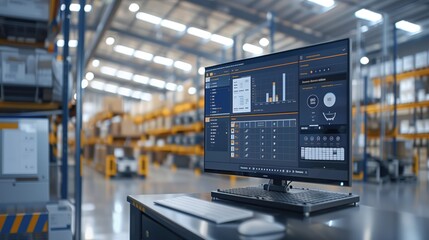 Poster - warehouse inventory control using logistic software. warehouse setting with logistic software on a m