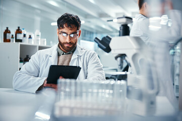 Poster - man, scientist and healthcare with tablet in lab for microscope research, medical data and science i