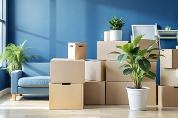 Interior of clean modern light living room with stacked cardboard boxes and green plant standing by wall in new house or apartment with no people. Moving, relocation, removal, transportation concept