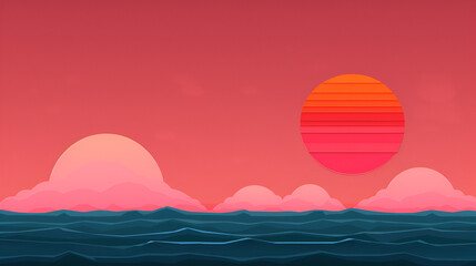 Wall Mural - Retro Sunset Over Ocean with Graphic Sun and Clouds - Minimalist Abstract Design