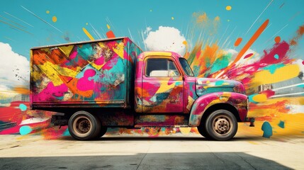 Wall Mural - Colorful truck with abstract paint splatters.