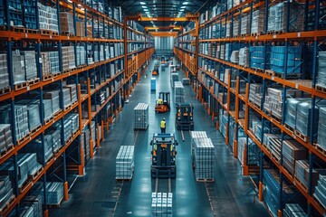 Poster - Busy Warehouse with Forklifts and Workers. Busy warehouse with forklifts moving pallets, shelves stacked with goods, and workers overseeing the operations.