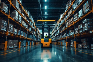 Poster - Forklift Operator Navigating Warehouse Aisle. Forklift operator navigating a warehouse aisle, with shelves filled with boxes and packages, emphasizing efficiency and organization.
