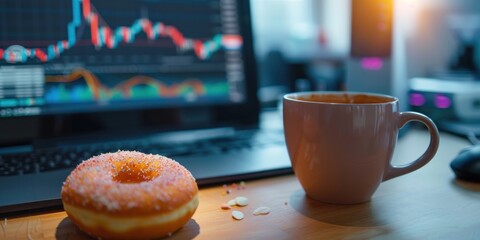 Coffee and a donut on a desk with a laptop displaying stock market data.