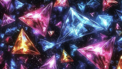 Poster - Colorful Geometric Crystals with Neon Light Effects on Dark Background