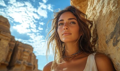 Serene Woman Against Ancient Ruins under Bright Blue Sky