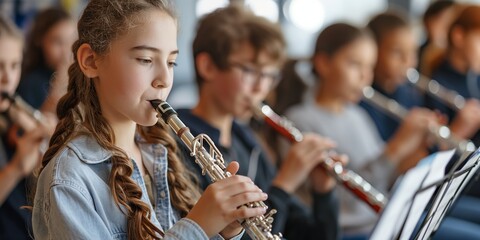 a girl is playing a flute in front of a group of children. the other children are also playing instr