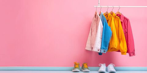 Wall Mural - A rack of clothes hanging on a pink wall