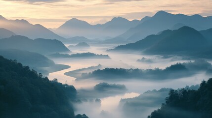 Wall Mural - Misty Mountain River at Dawn