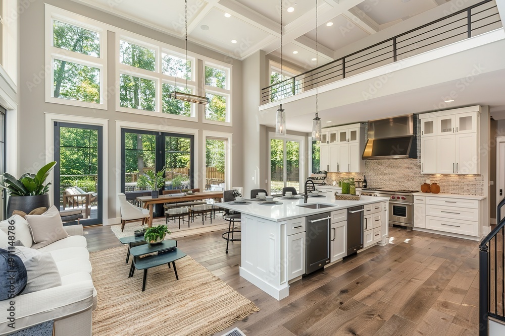Kitchen and living room interior in new luxury home with open concept ...