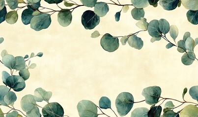 Wall Mural - Painting of eucalyptus leaves in sage green color on a light beige background in impressionist style seamless pattern