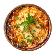 Delicious baked dish with cheese topping and fresh herbs.