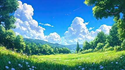 1. Anime-style summer landscape with a vibrant green forest and a clear blue sky, dotted with fluffy white clouds