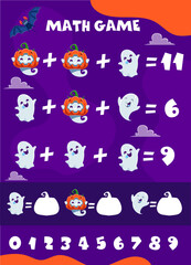 Poster - Math game worksheet. Cute Halloween kawaii ghosts characters and numbers equation vector puzzle. Kids education logic quiz game with cartoon Halloween holiday ghost personages, pumpkins and bats