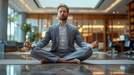 professional man meditating in business suit inside modern office lobby during daytime