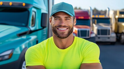 Poster - A smiling man in a yellow shirt is sitting in front of a truck. The truck is blue and red