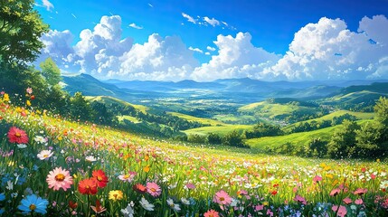 50. Anime-style summer countryside with rolling hills, a bright blue sky, and fields of blooming wildflowers