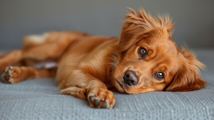 Sticker - Playful Golden Puppy Relaxing Comfortably on Soft Couch at Home in Daylight