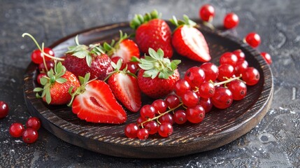 Fresh strawberries and currants on dark wooden plate