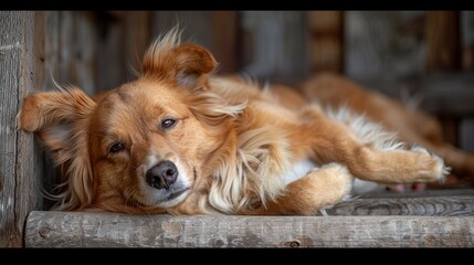 Sticker - Golden Dog Relaxing Comfortably on Wooden Surface in Cozy Indoor Setting