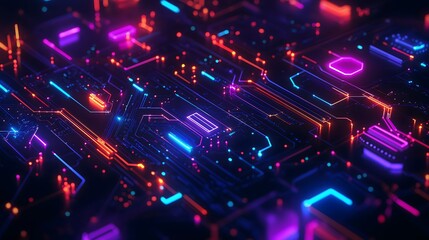 Wall Mural - 25. **Abstract digital circuit patterns glowing with neon colors on a dark background