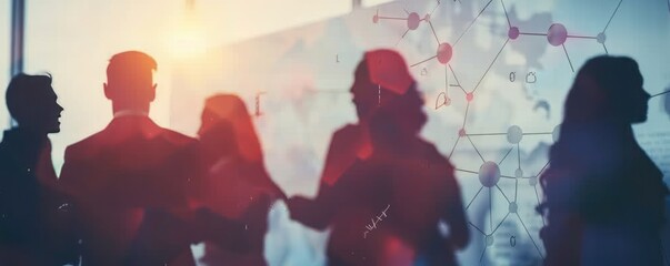 Silhouettes of business people brainstorming and collaborating in a modern office.