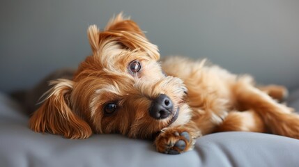 Sticker - Playful Dog Relaxing Comfortably on Soft Couch in Bright Living Room