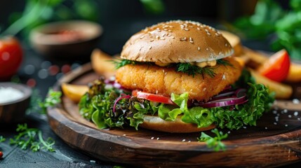 Fried fish fillet burger with vegetable salad on wooden plate background